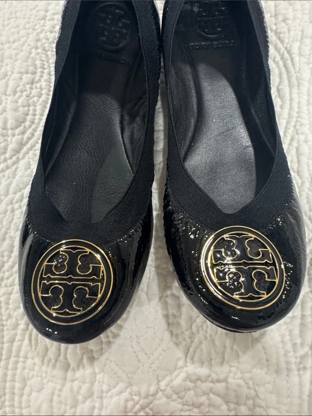 Tory Burch Black Patent Leather Logo Ballet Flats with Gold Medallion